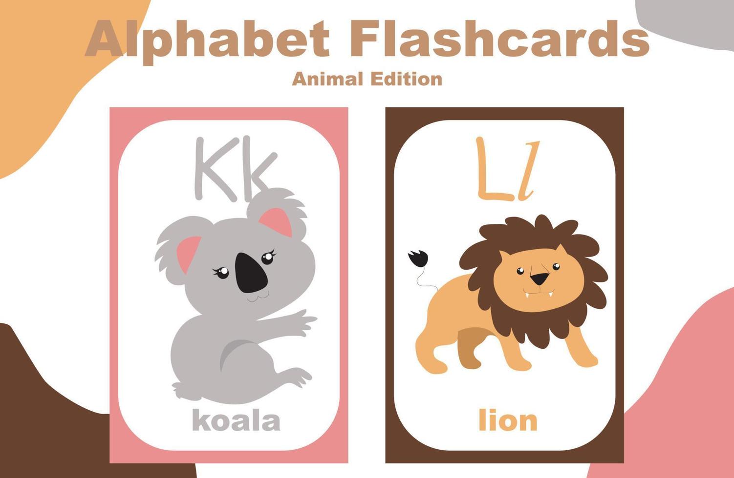 Vector set alphabet flashcard with animal theme. Educational printable worksheet. Cute animal worksheet theme. Vector illustrations.