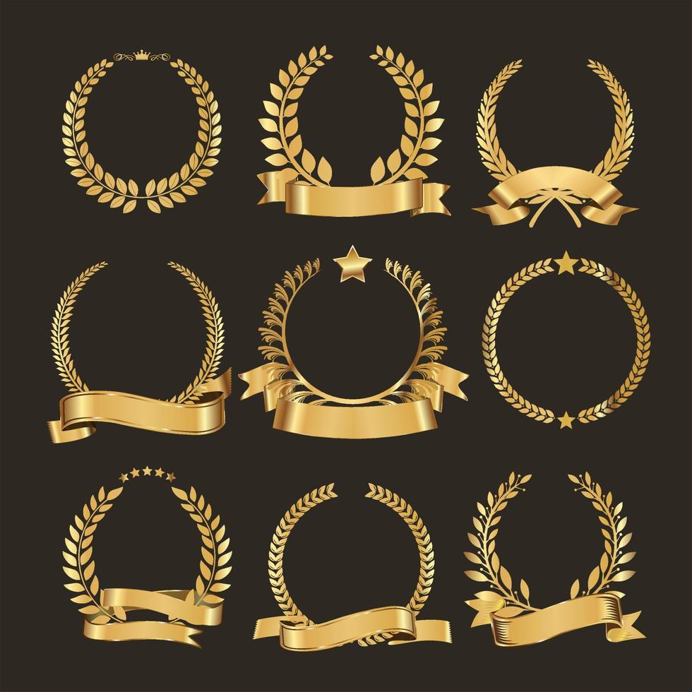 Collection of golden laurel wreath logo isolated on white background vector