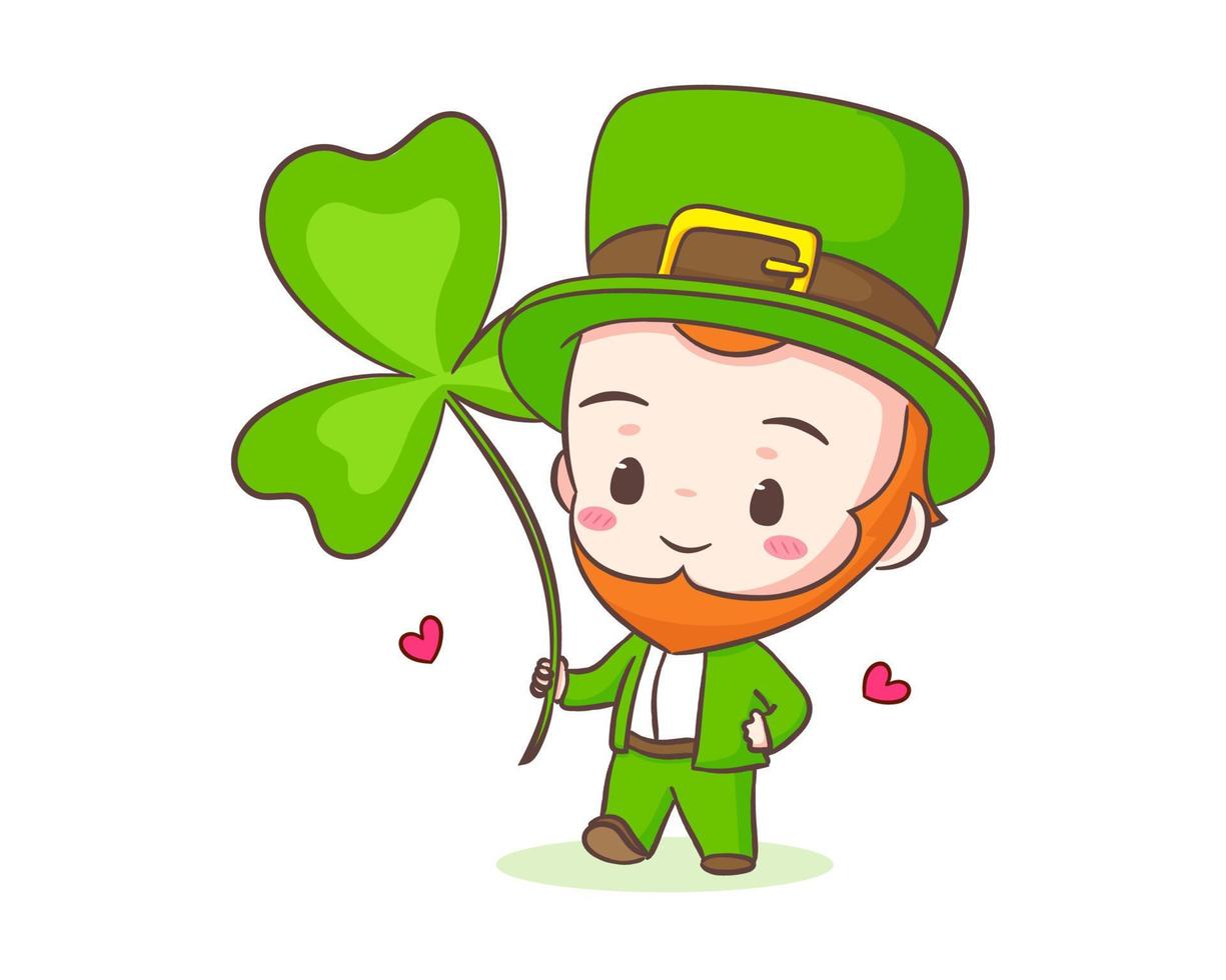 Cute Adorable Leprechaun cartoon holding clover. Hand drawn chibi character. Happy Saint Patrick's Day concept design. Isolated White background. Vector art illustration.