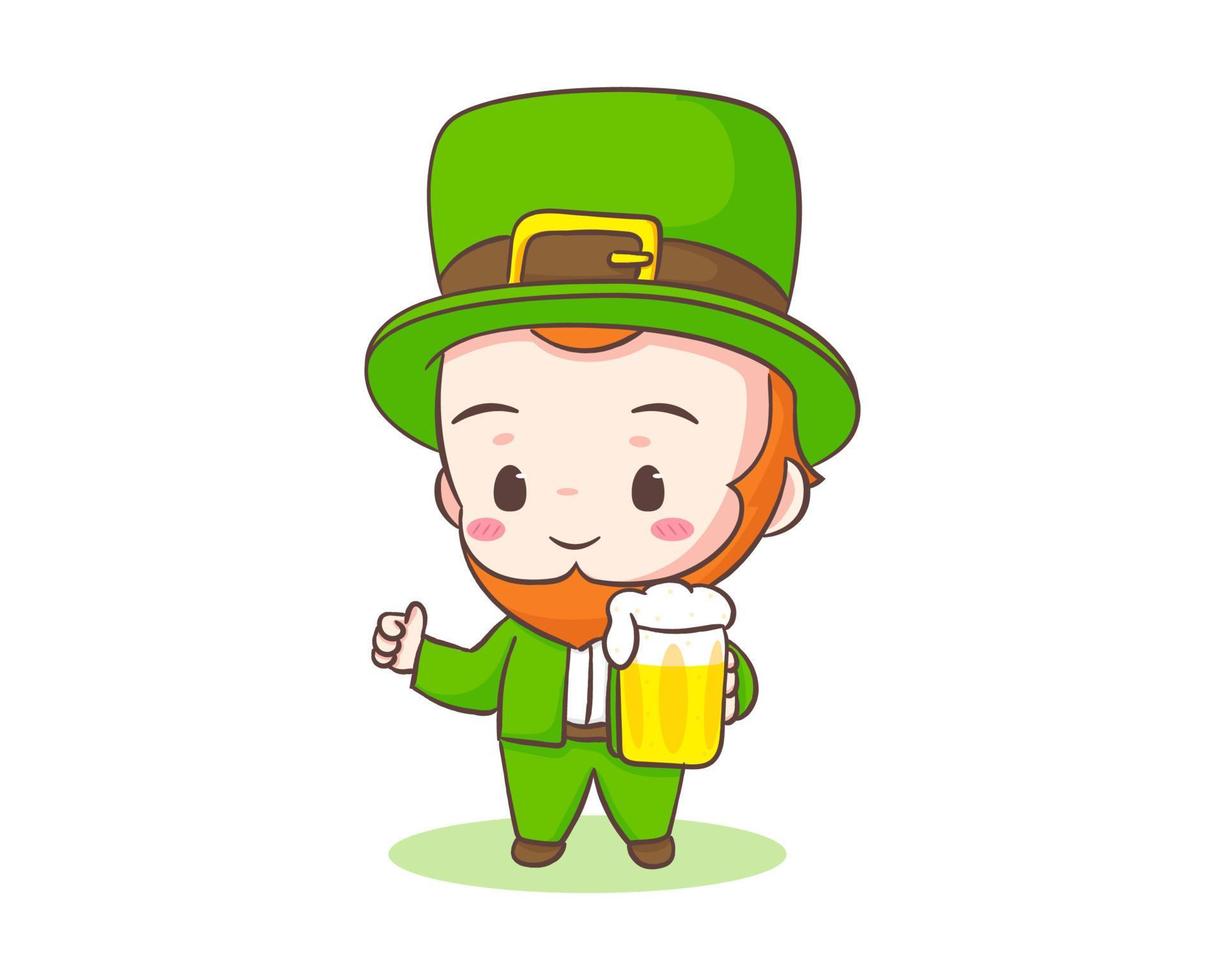 linda y adorable caricatura de leprechaun sosteniendo un vaso de cerveza. personaje chibi dibujado a mano. feliz diseño conceptual del día de san patricio. fondo blanco aislado. ilustración de arte vectorial. vector