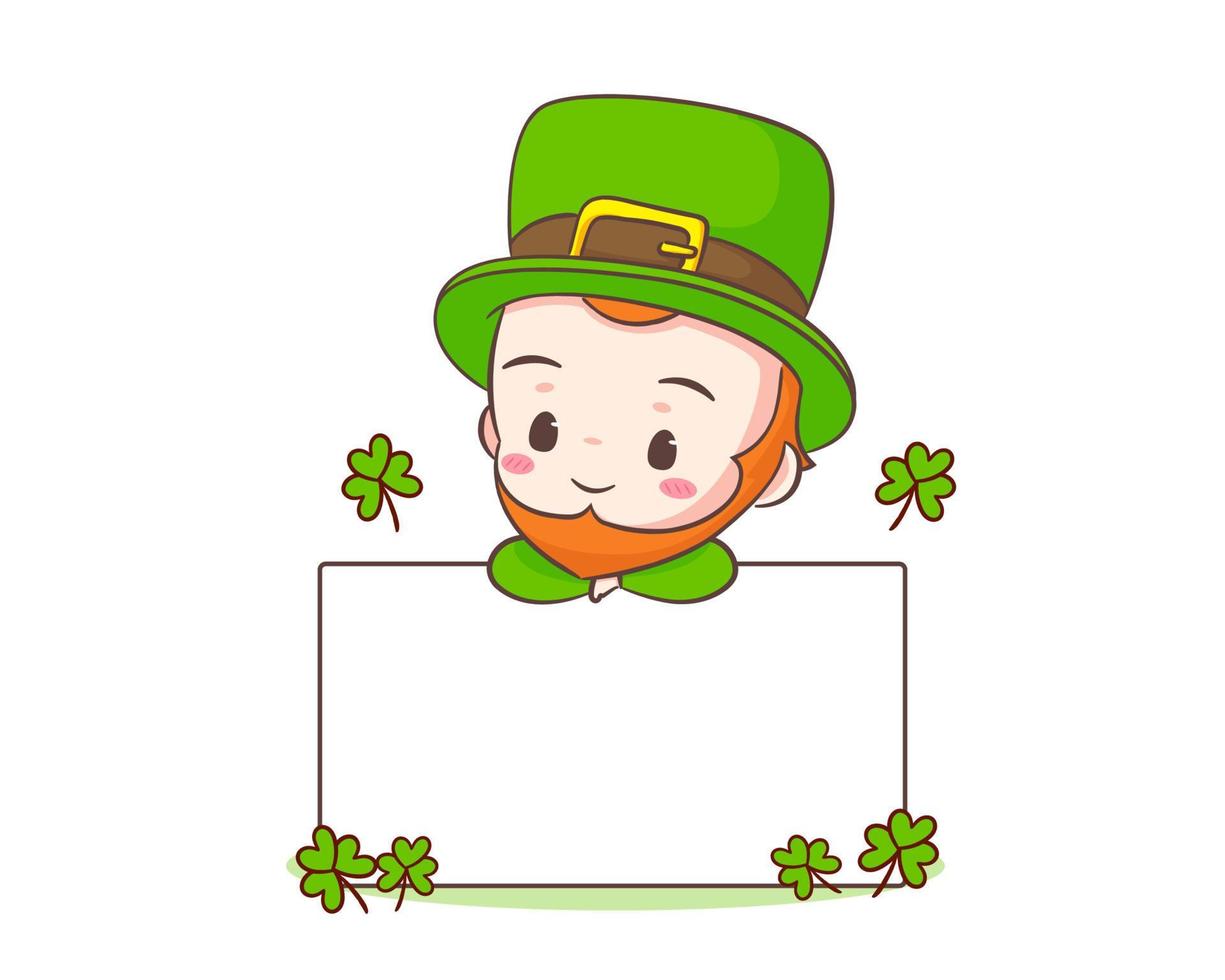 Cute Adorable Leprechaun cartoon with empty board. Hand drawn chibi character. Happy Saint Patrick's Day concept design. Isolated White background. Vector art illustration.