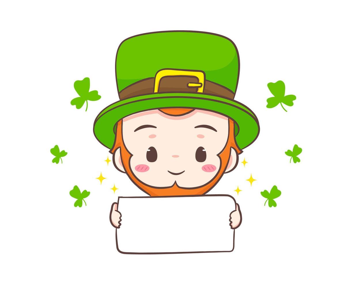 Cute Adorable Leprechaun cartoon with empty board. Hand drawn chibi character. Happy Saint Patrick's Day concept design. Isolated White background. Vector art illustration.