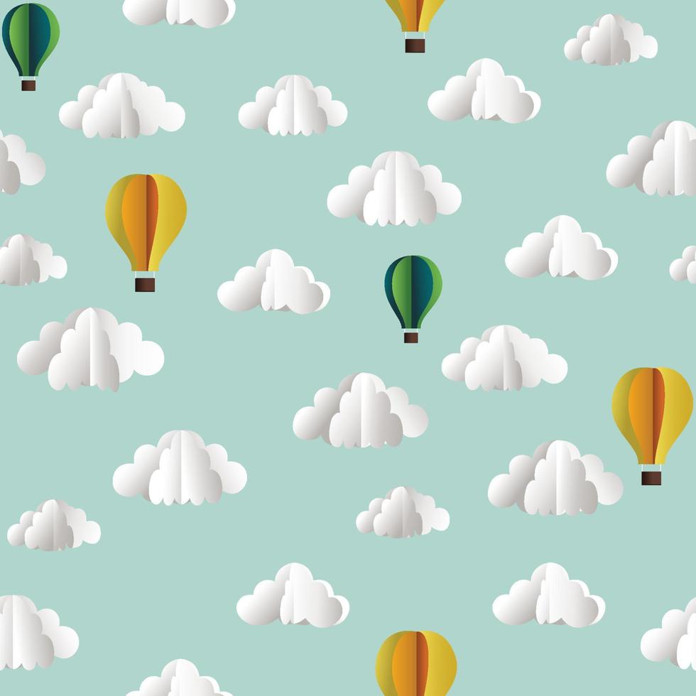 Vector paper seamless pattern with clouds and hot air balloons