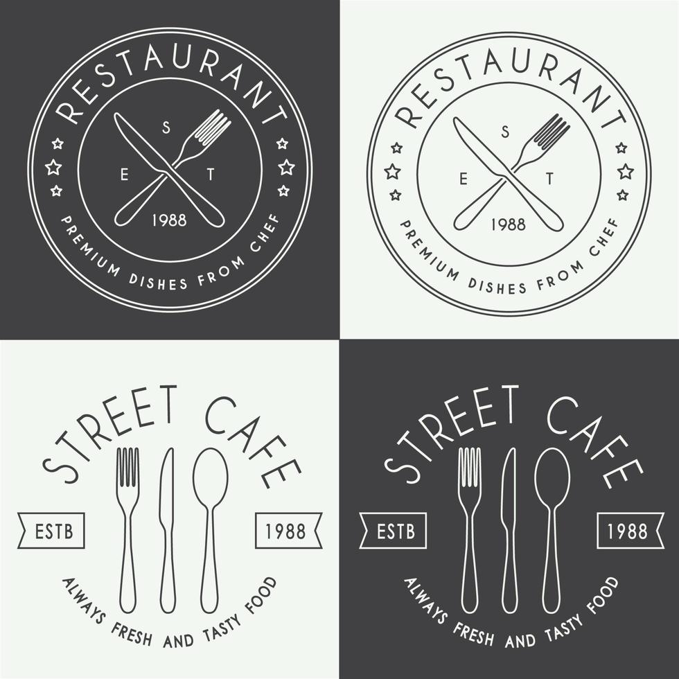 conjunto de logotipo lineal de restaurante vintage, placa y emblema vector