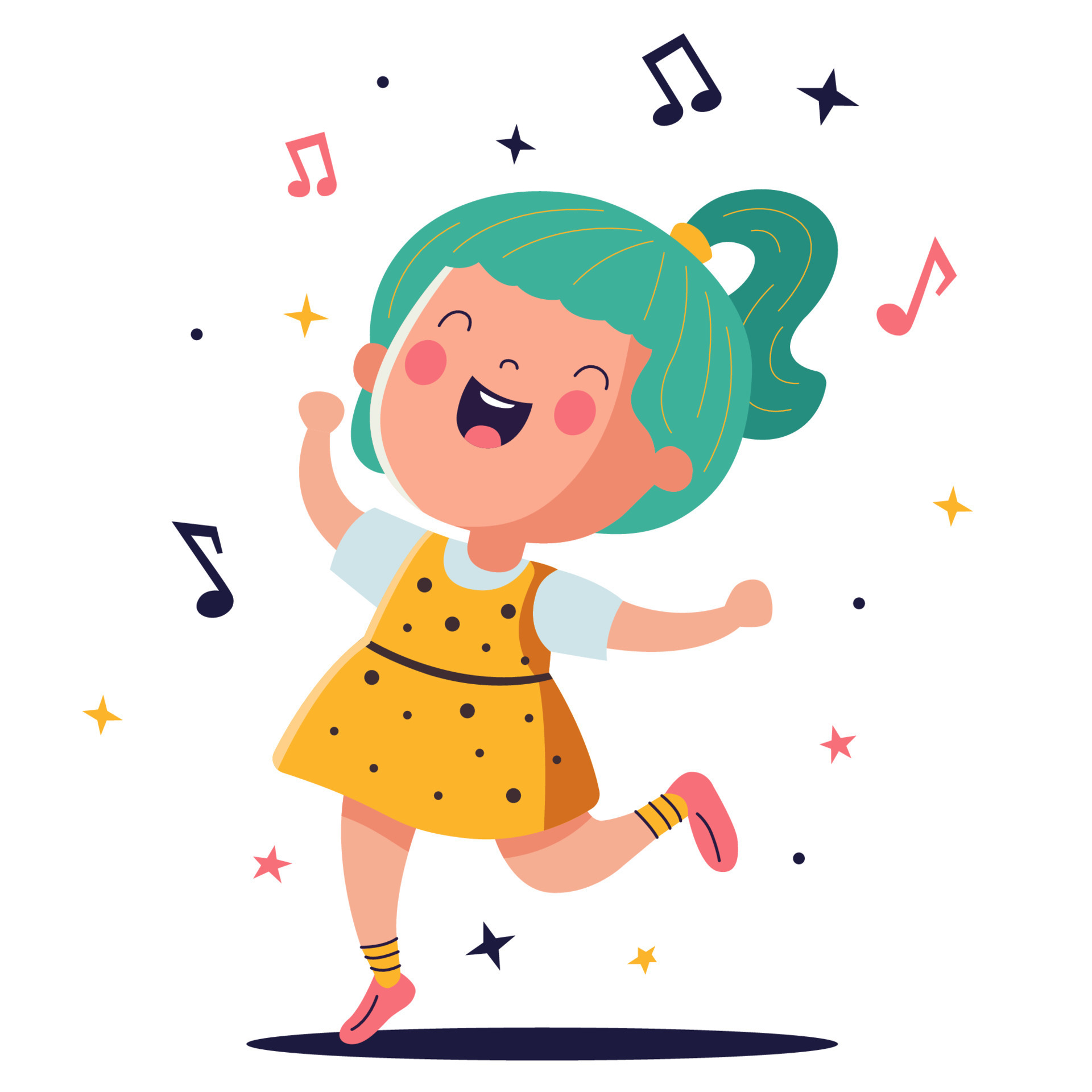 lindo personaje de chica bailando con la música. ilustración vectorial