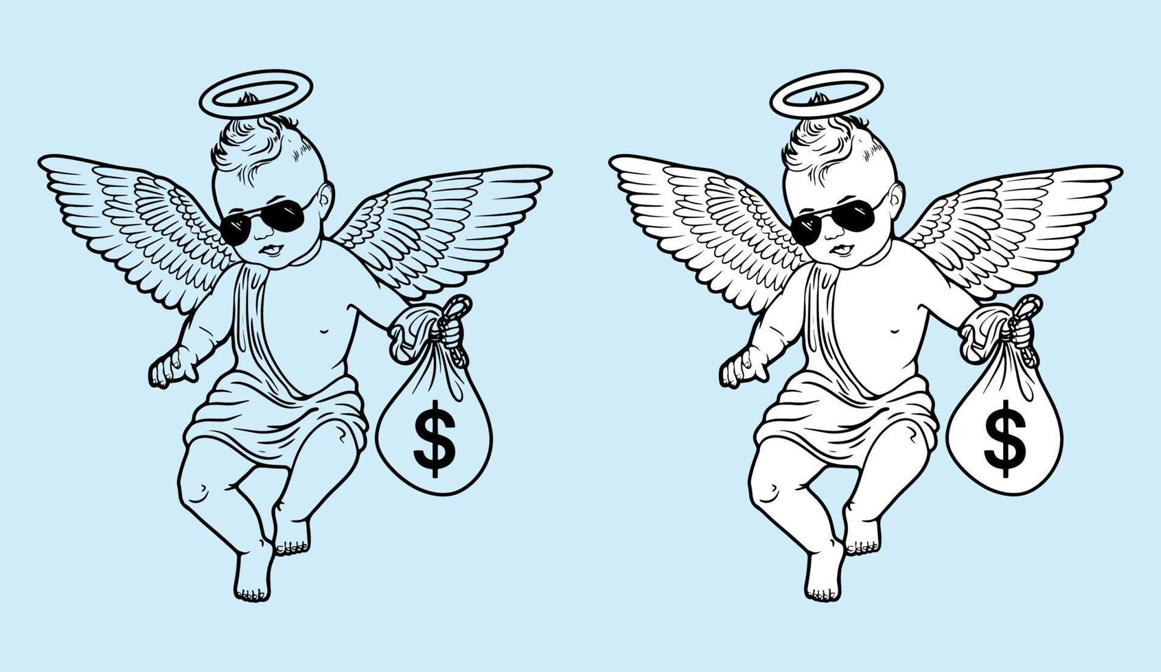 Cute angel with a bag of dollars.  money bag angel with wings vector. cartoon character. Vector drawing. Cute angel. Line drawing.