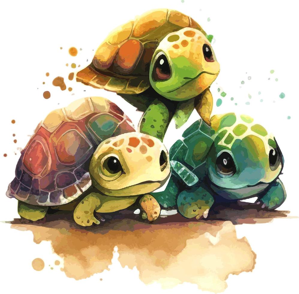 lindas tortugas de acuarela. dibujo vectorial de acuarela dibujado a mano. salpicaduras de tortugas acuáticas, dibujos de colores, dibujos animados. estilo acuarela sobre fondo blanco. vector