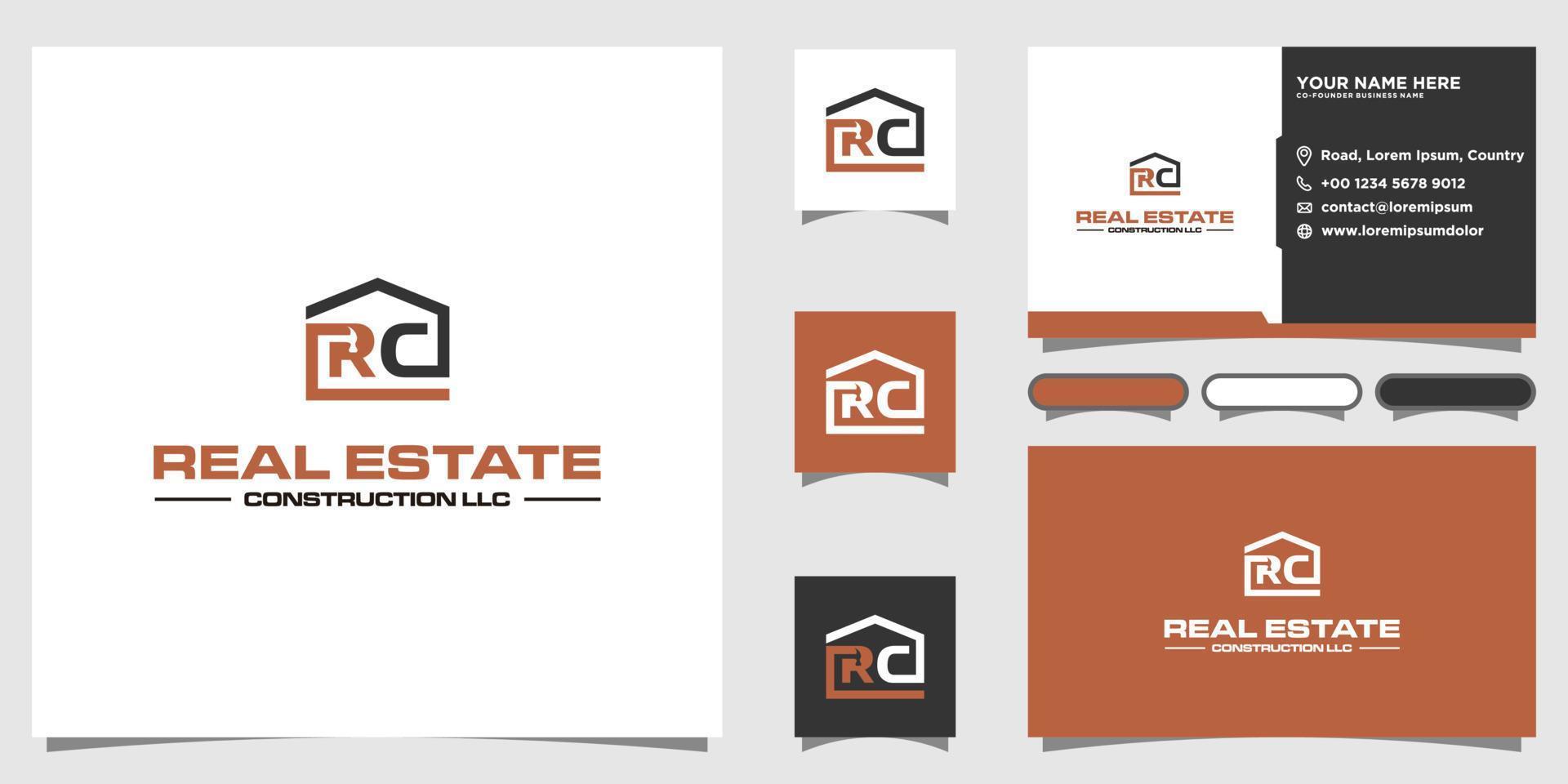 construcción de casa rc con martillo y diseño de logotipo de letra inicial con plantilla de tarjeta de visita vector