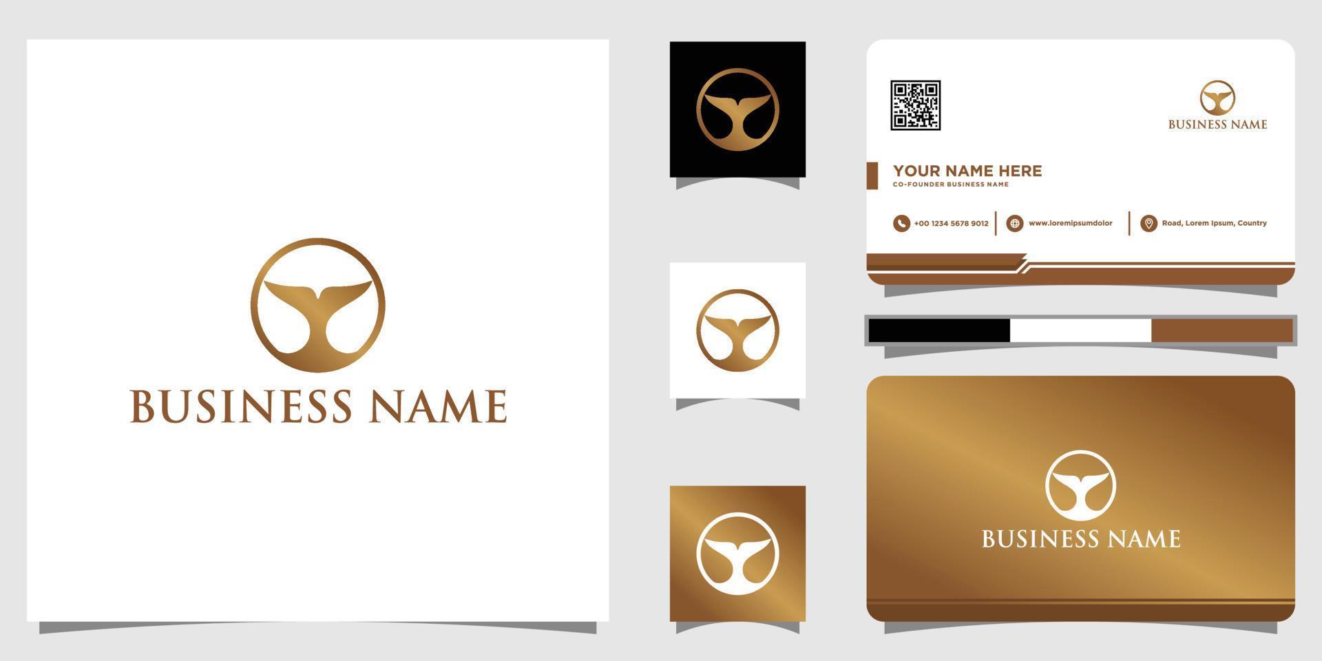 Abstract whale tail logo in gold luxury style and business card design template vector
