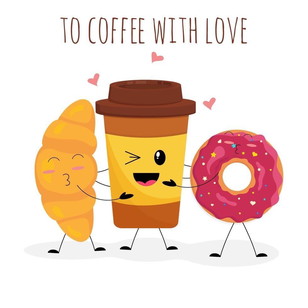 Banner, poster for cafe with cute coffee cup, donut and croissant. vector