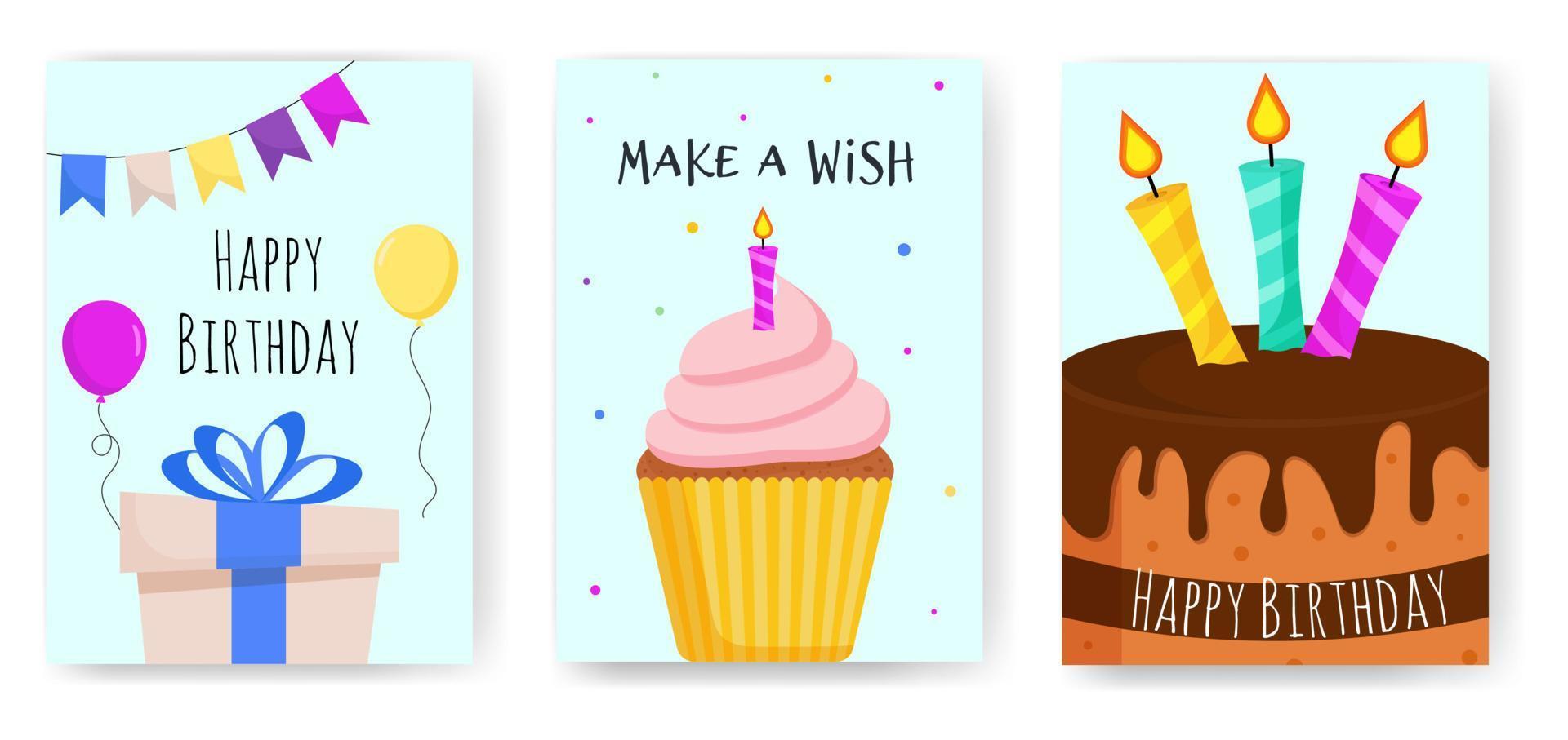juego de tarjetas de cumpleaños con caja de regalo, cupcake y pastel y globos. vector