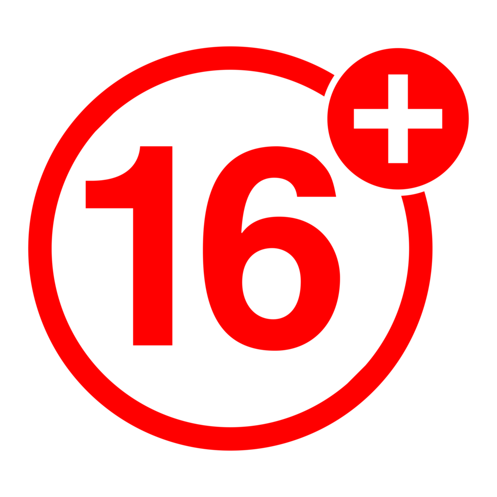 Age Rating sign over 16 on Transparent Background png