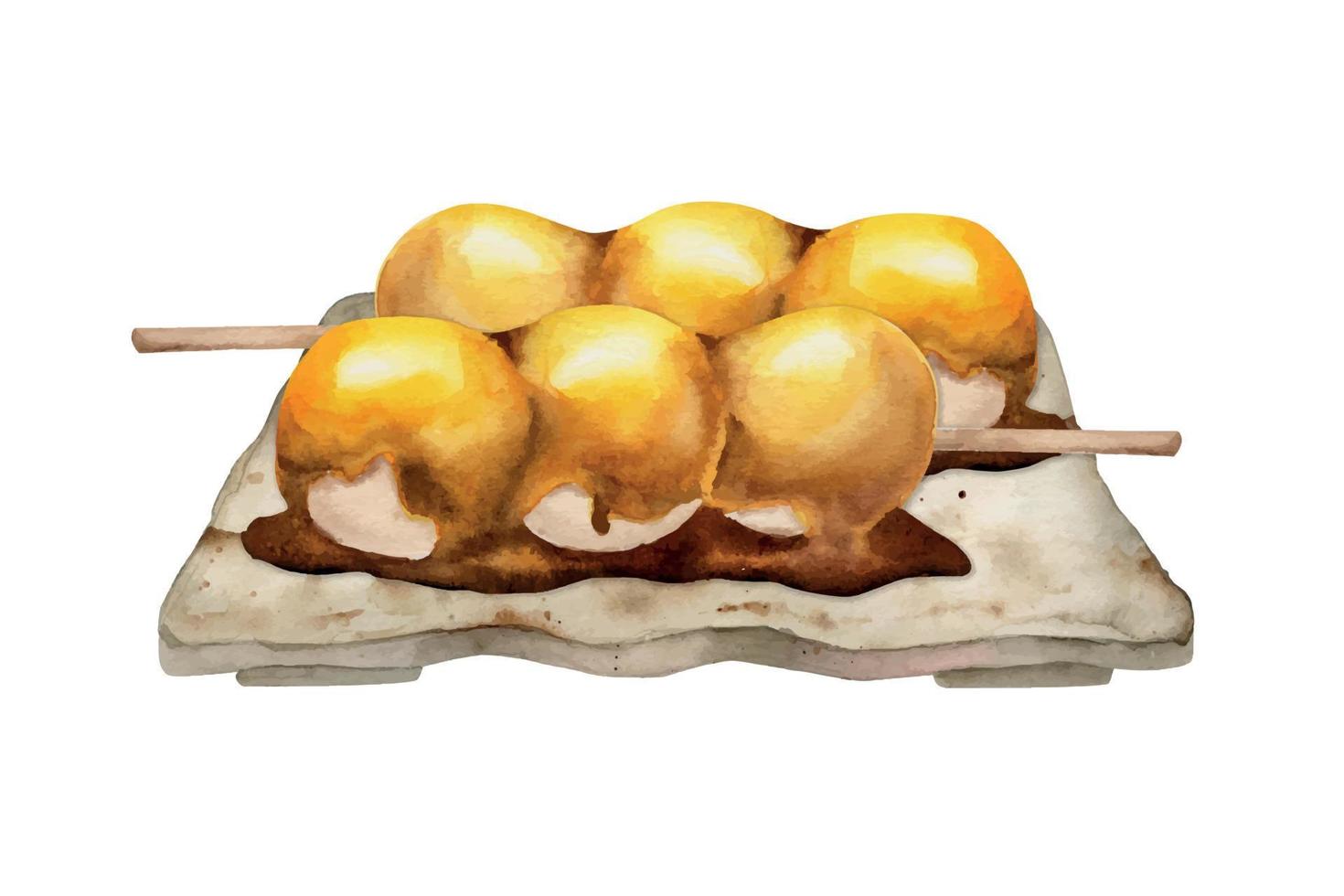 Watercolor hand drawn traditional Japanese sweets. Ceramic dish with mitarashi dango. Isolated on white background. Design for invitations, restaurant menu, greeting cards, print, textile vector