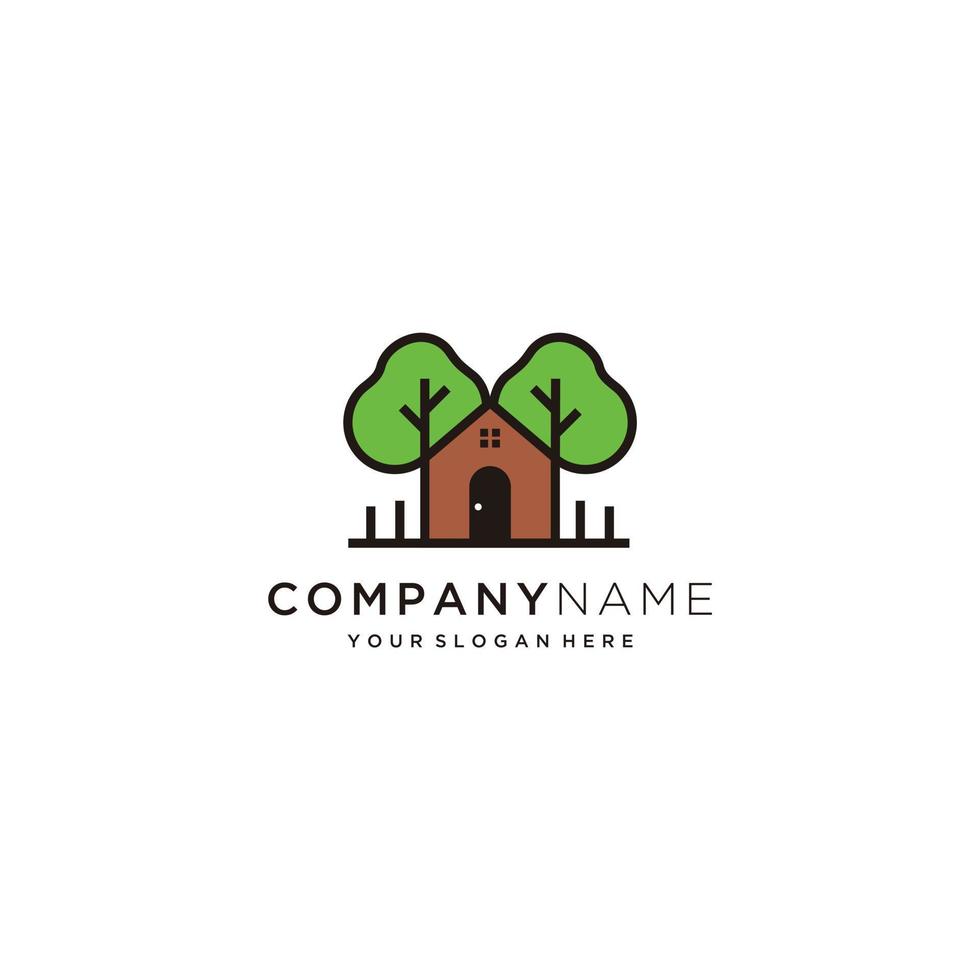 Green Wood Resident Vector Logo Template. Design template of two trees incorporate with a house that made from a simple scratch. It's good for symbolize a property or wooden housing business.