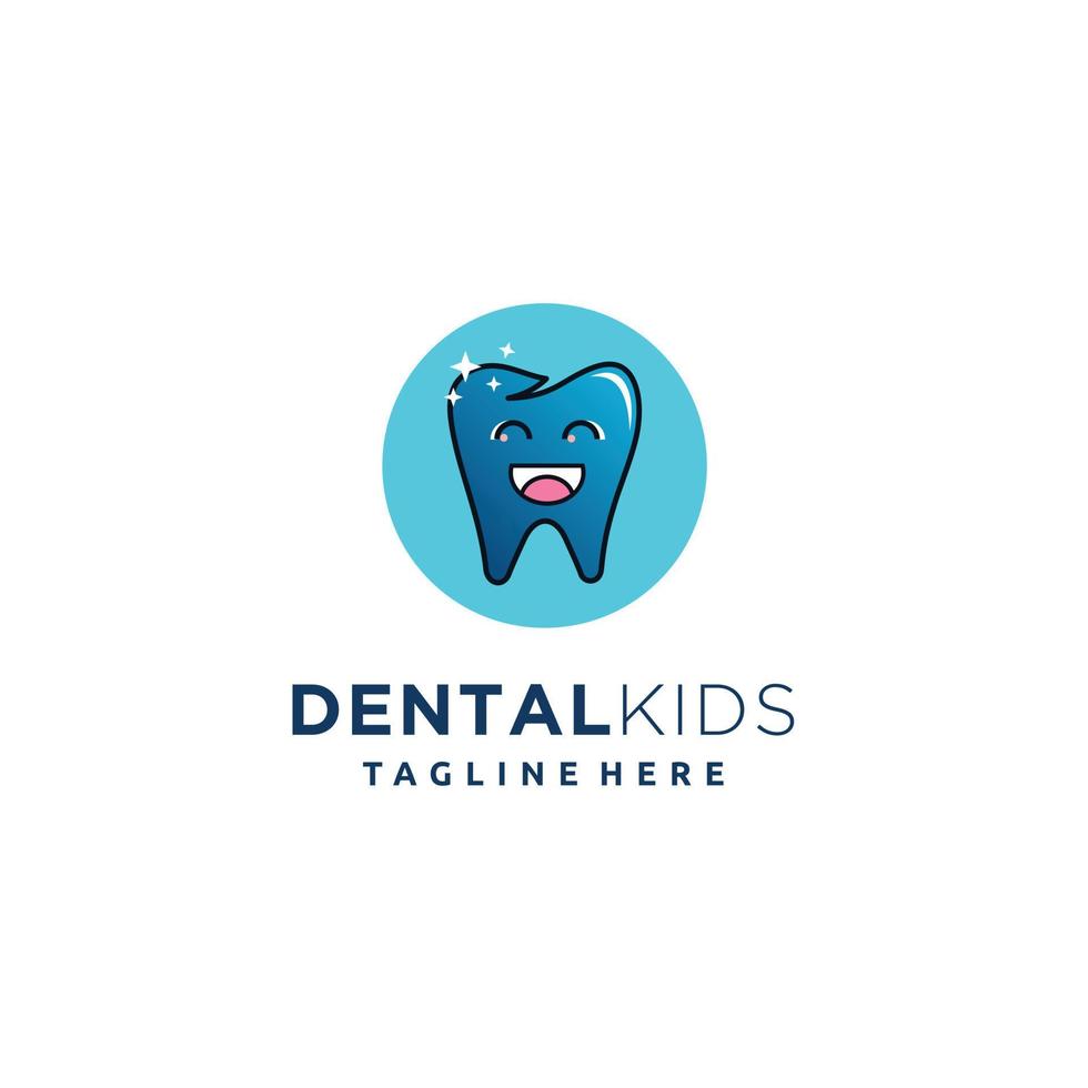 logotipo con dientes pequeños con lindas caras sonrientes para la clínica dental familiar con antecedentes blancos y azules vector