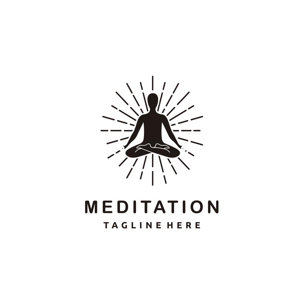 silueta de meditación de yoga en pose de meditación con pergamino y explosión de sol sobre vector de estudio de diseño de logotipo de fondo blanco