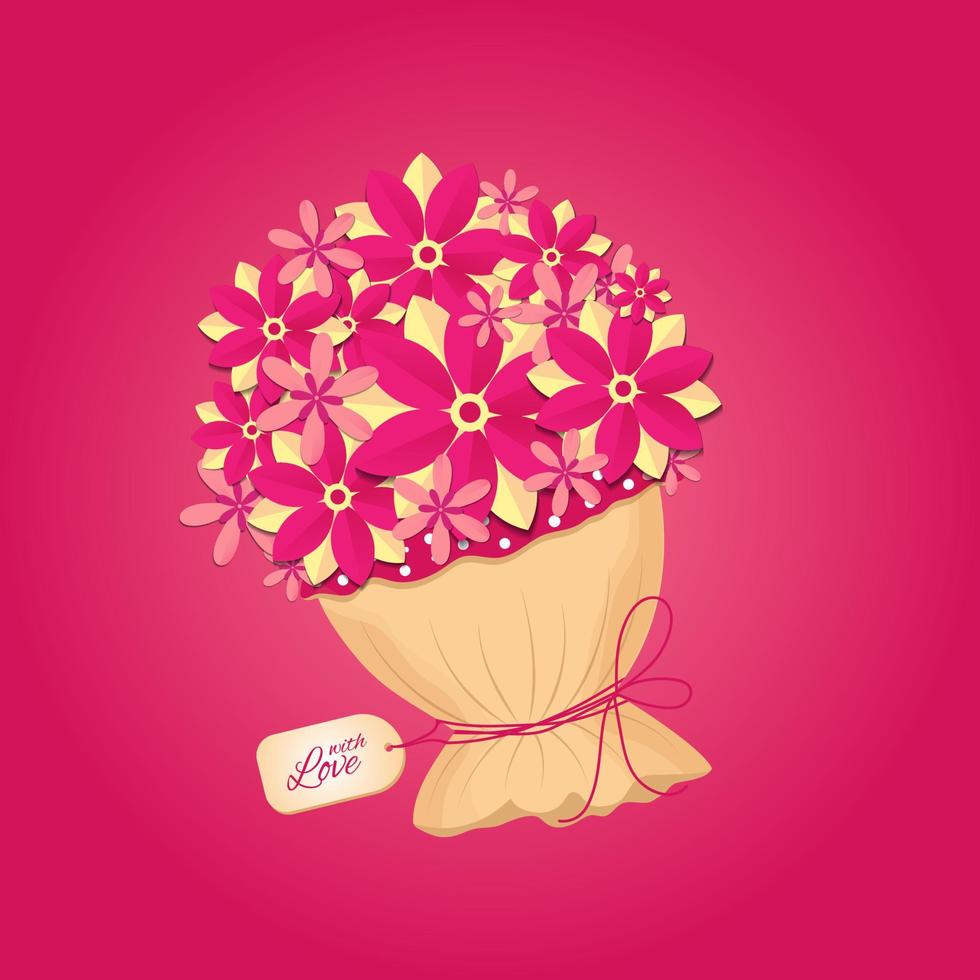 Bouquet flowers in parer cut style on pink background. vector