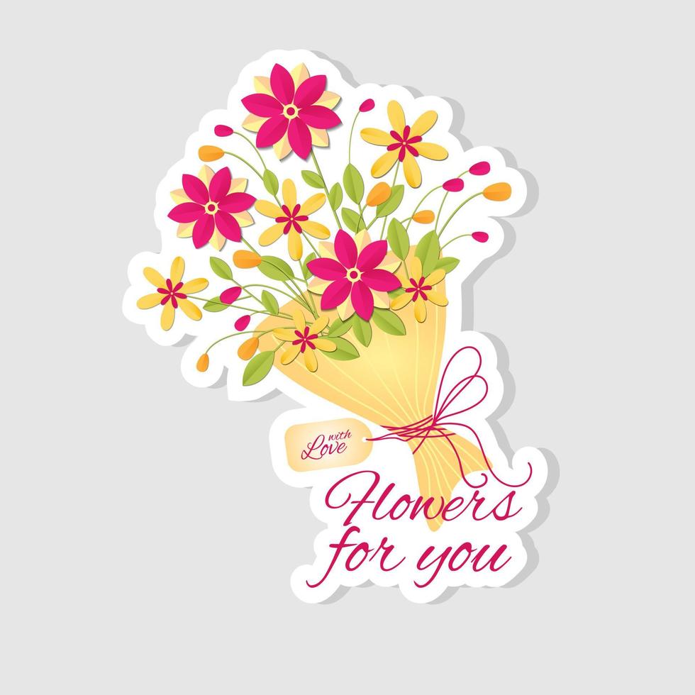 Sticker with bouquet of flowers in parer cut style on white background. vector
