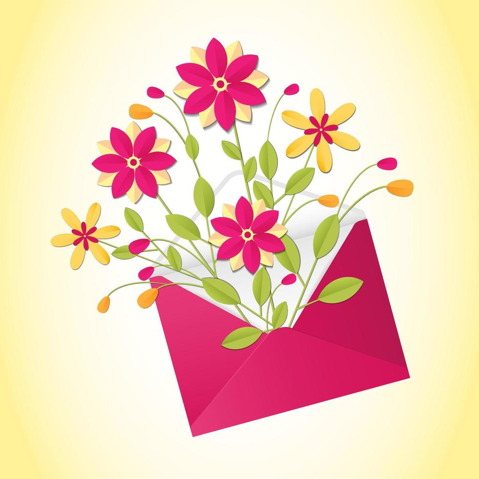 Postcard in paper cut style. Flowers in pink envelope. vector