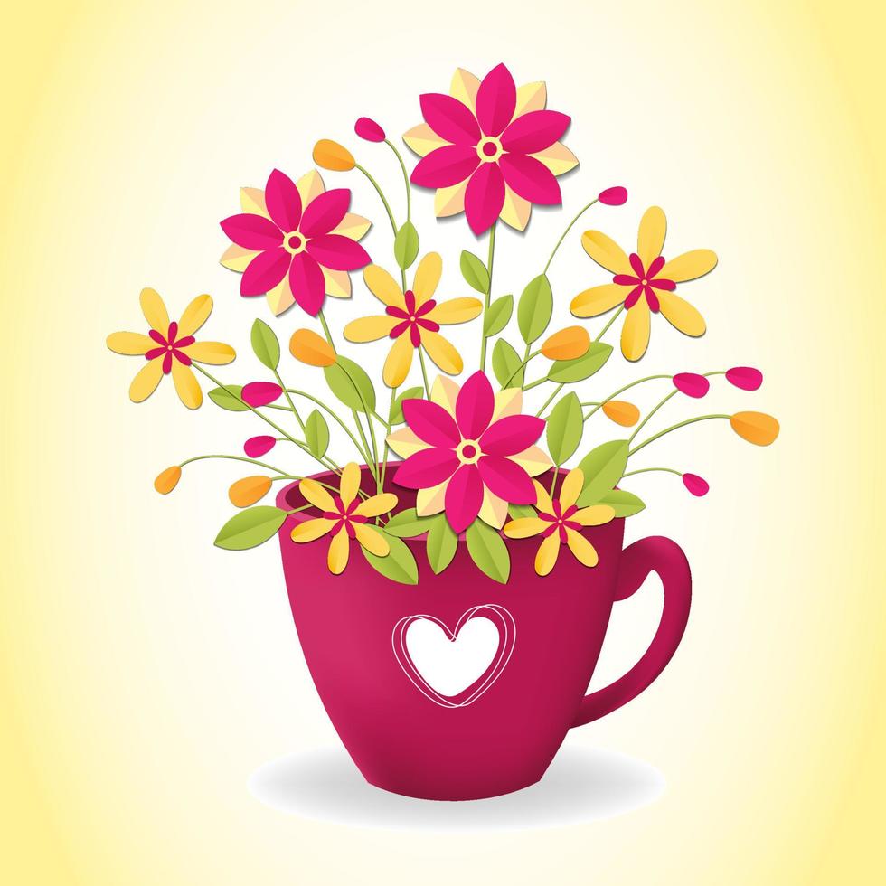 Postcard in paper cut style. Flowers in the pink cup. vector