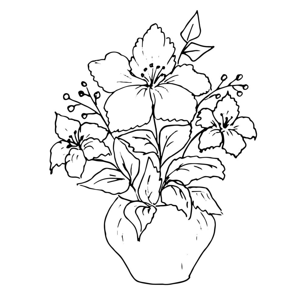 ilustración botánica. plantas de interior en macetas en jarrones con flores. estilo garabato. vector