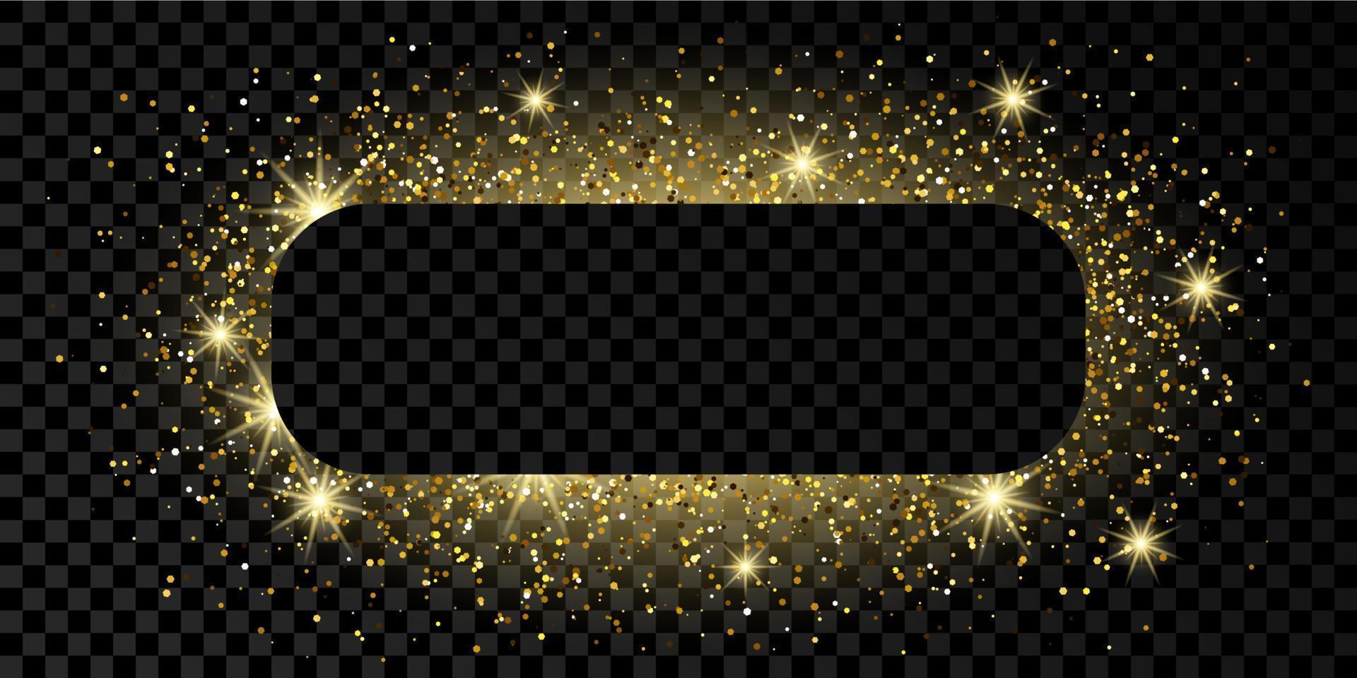 Golden rounded rectangle frame with glitter, sparkles and flares. Empty luxury backdrop. Vector illustration.