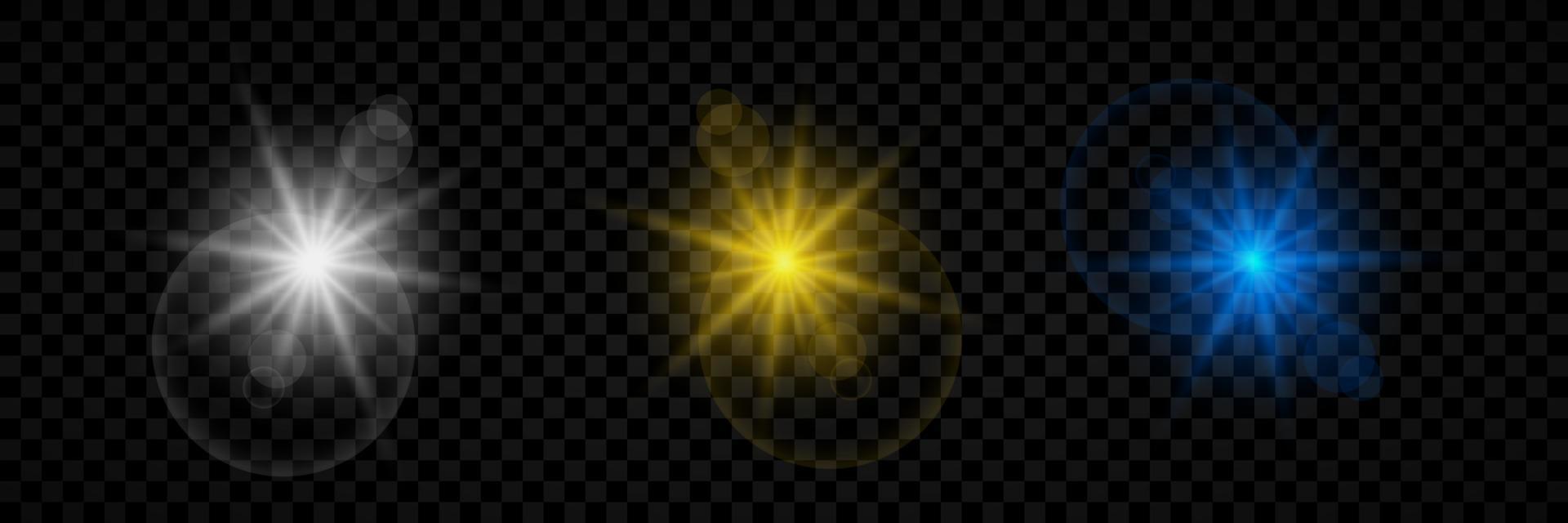 Light effect of lens flares. Set of three white, yellow and blue glowing lights starburst effects with sparkles. Vector illustration