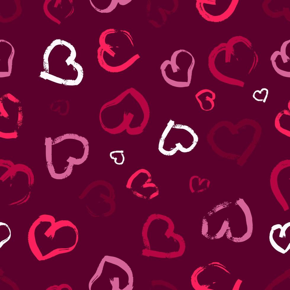 Seamless pattern with hand drawn hearts. Doodle grunge multicolor hearts on pink background. Vector illustration.