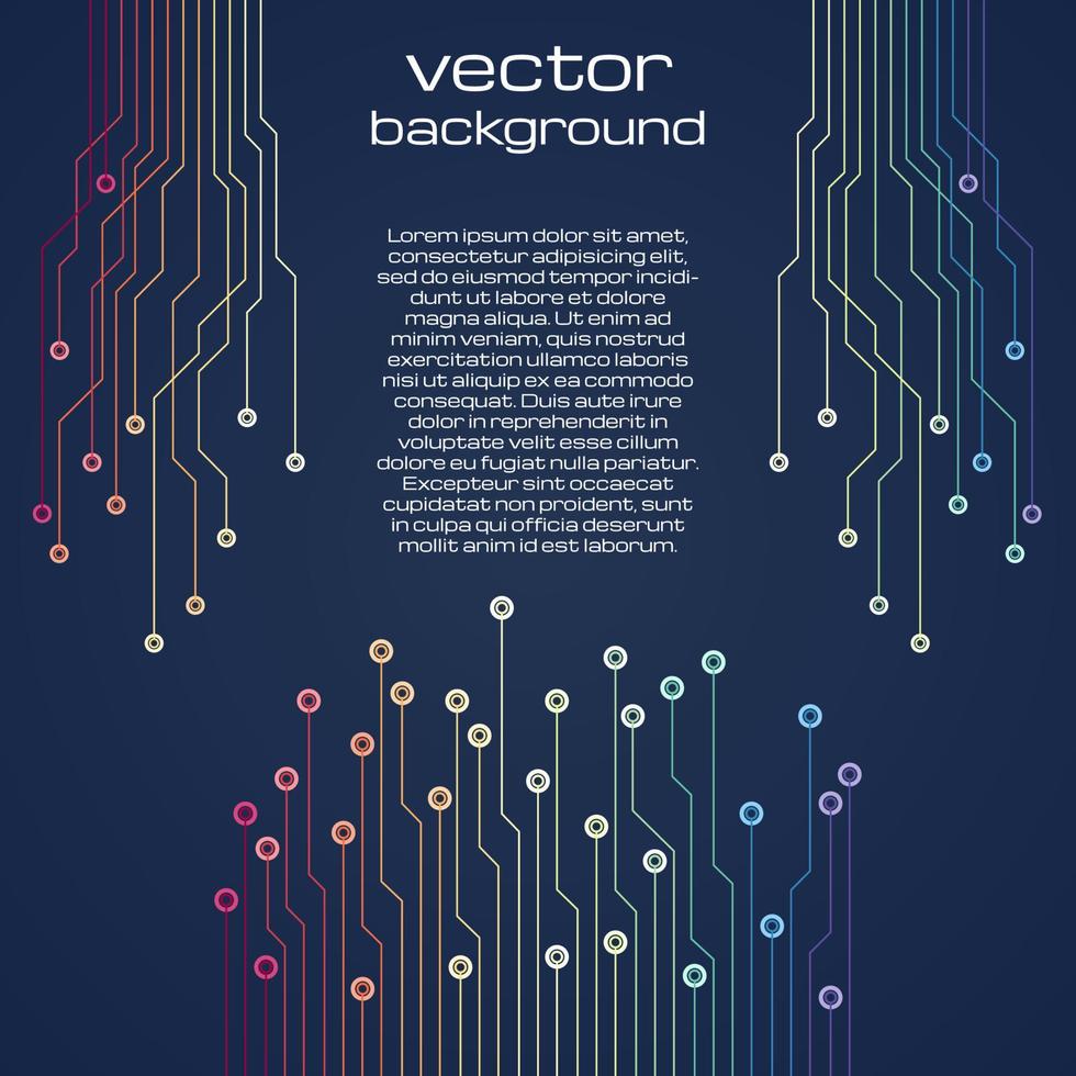 Abstract technological dark blue background with colorful elements of the microchip. Circuit board background texture. Vector illustration.