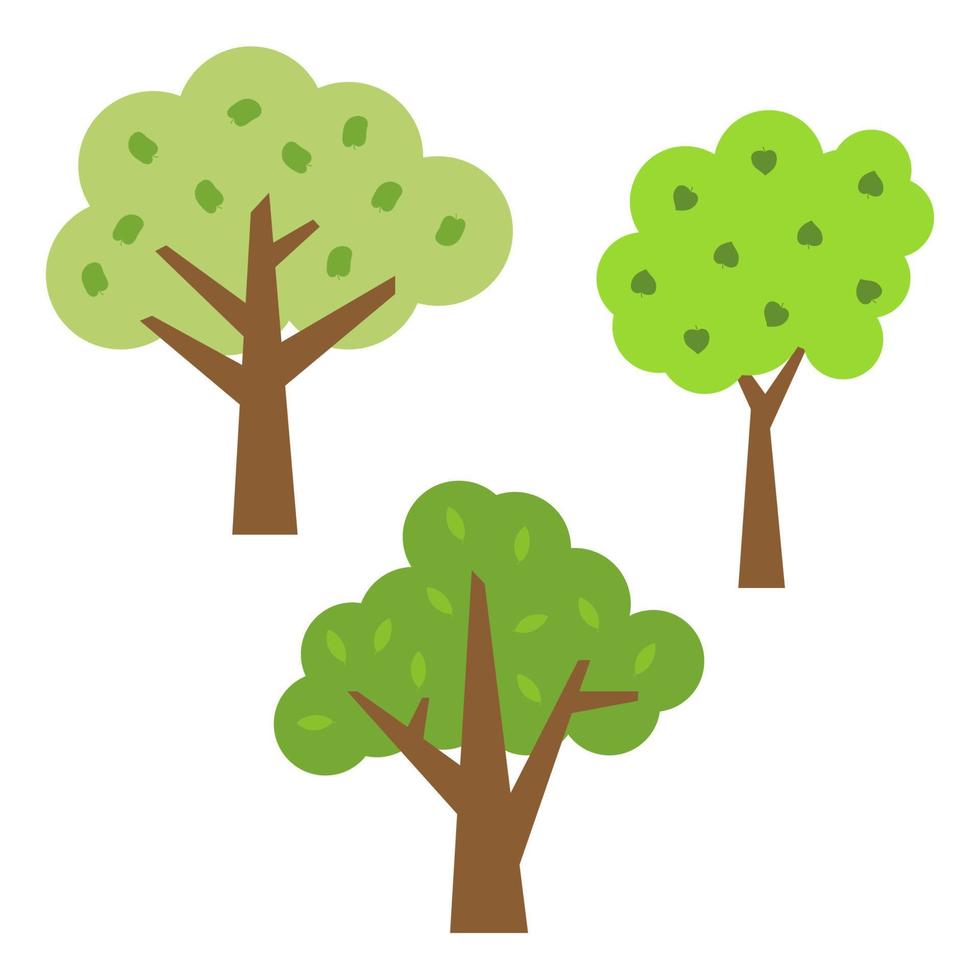 Three green trees with leaves. Vector illustration