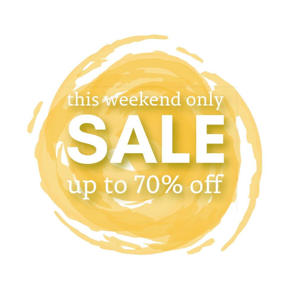 Sale this weekend only up to 70 off sign with shadow over red watercolor spot. Vector illustration