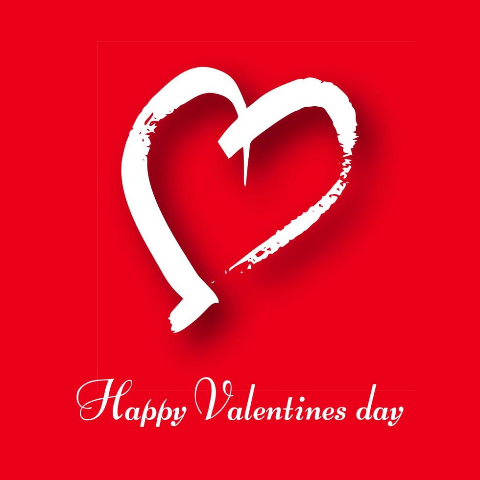 Hand drawn heart on red background. White grunge doodle heart with shadow. Romantic love symbol. Vector illustration.