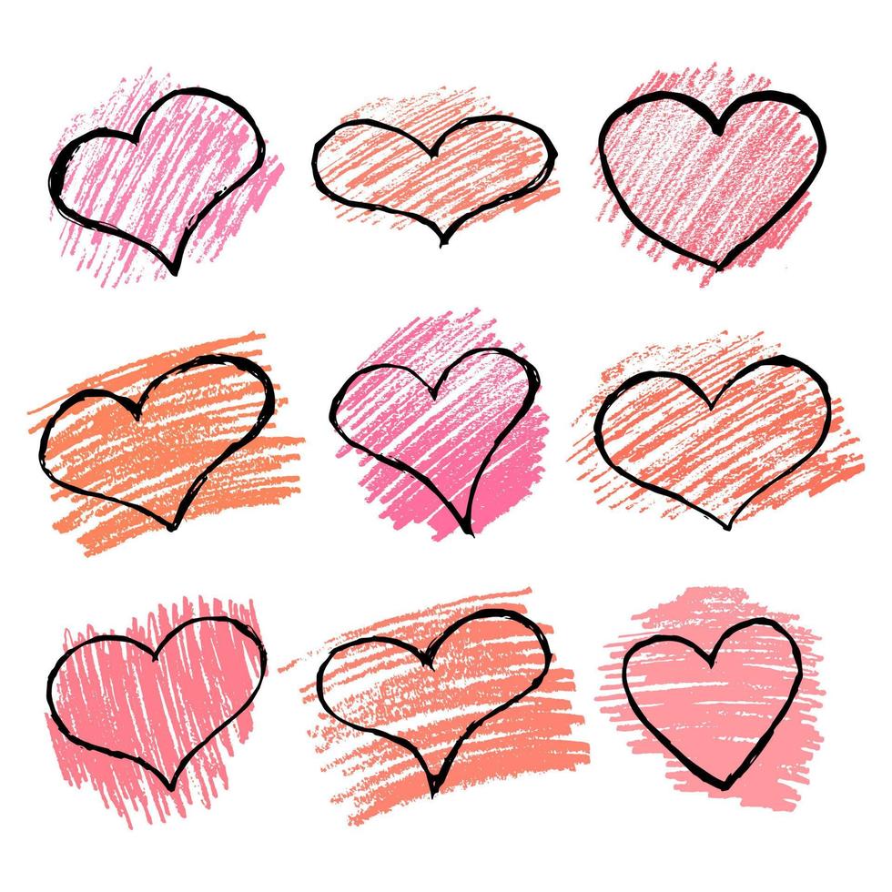 Set of nine Sketch Scribble Hearts on red background. Hand drawn Pencil Scribble Hearts. Vector illustration