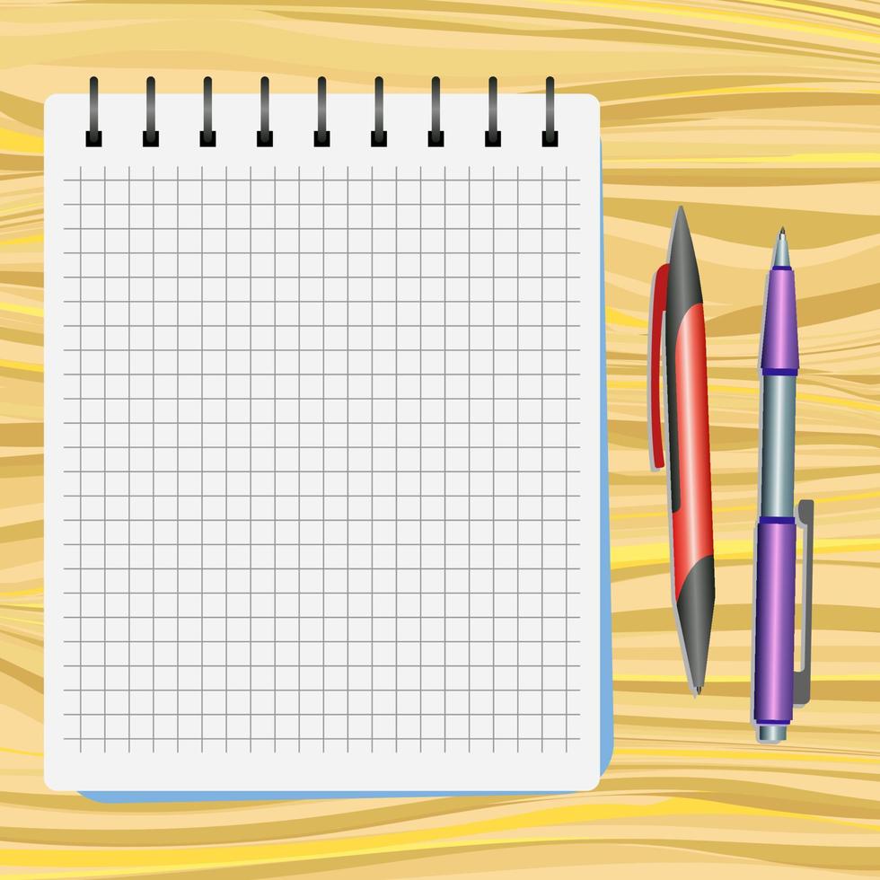 Notebook, red pen and purple pen on a wooden table vector