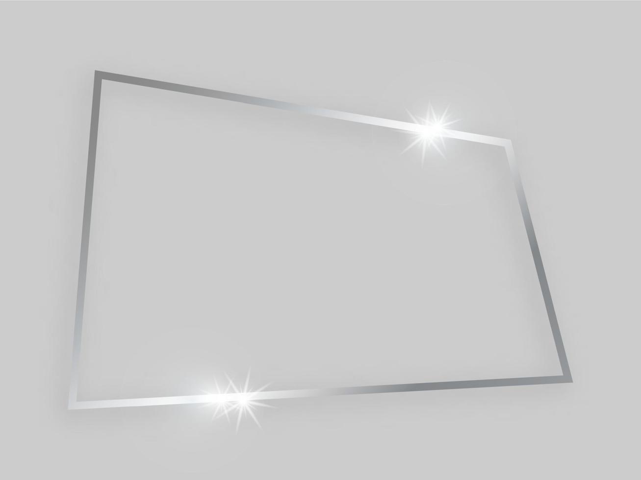 Shiny frame with glowing effects. Silver quadrangular frame with shadow on grey background. Vector illustration