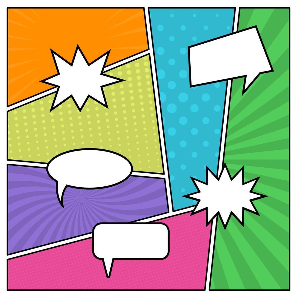 colorido fondo de página de cómic en estilo pop art con burbujas de habla vacías. plantilla con patrón de rayas y puntos. ilustración vectorial vector