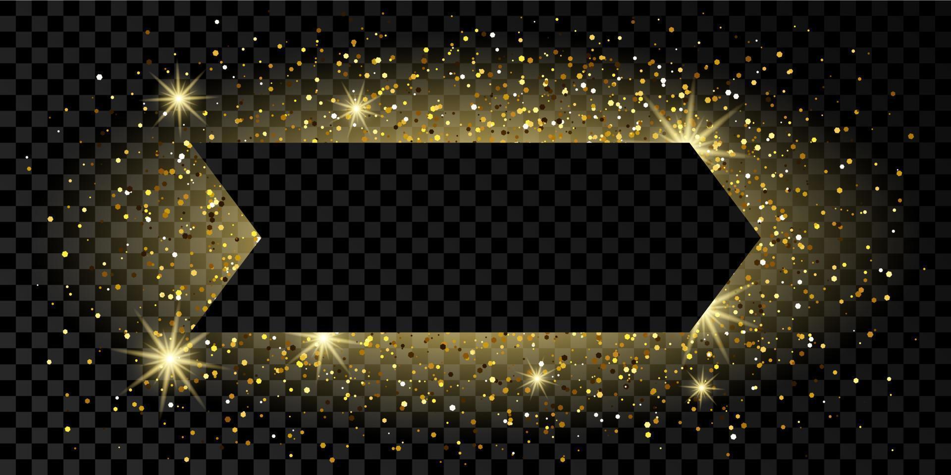 Golden arrow frame with glitter, sparkles and flares. Empty luxury backdrop. Vector illustration.