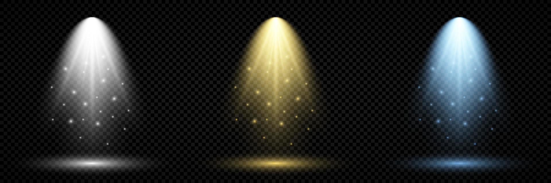 Lighting with spotlight. Set of three scene illumination effects with cold white, yellow and blue lighting. Vector illustration