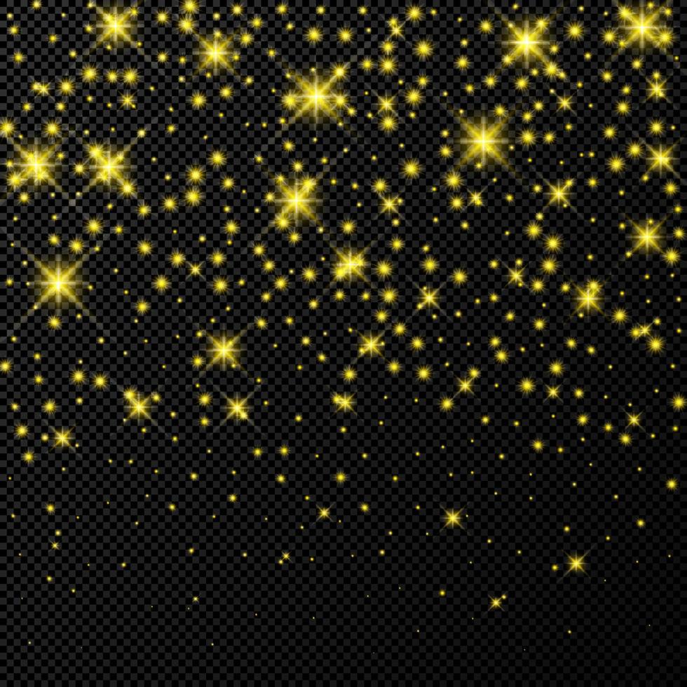 Gold backdrop with stars and dust sparkles isolated . Celebratory magical Christmas shining light effect. Vector illustration.