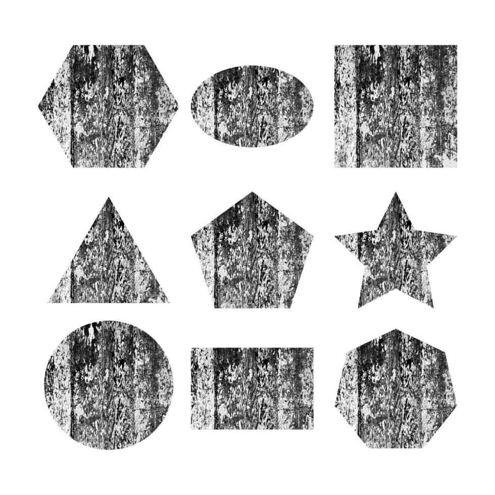 Scratched geometric figures. Set of nine Dark figures with distressed grunge wood texture isolated on white background. Vector illustration.