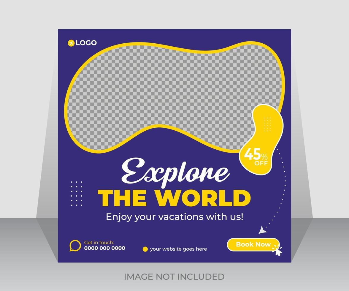 Explore the world travel social media post design template vector