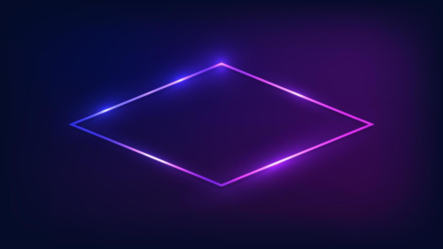 Neon rhombus frame with shining effects on dark background. Empty glowing techno backdrop. Vector illustration.