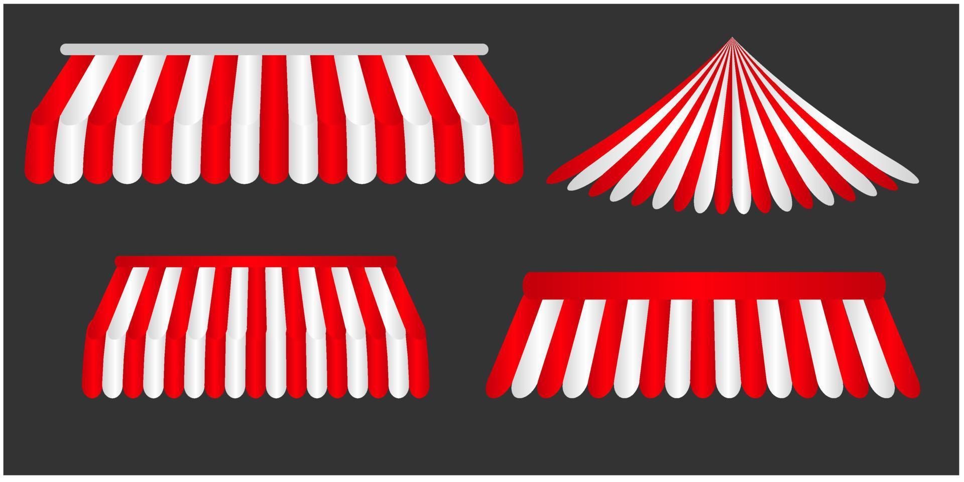 Red and white striped awning set template for shop, restaurant, kiosk, cafe, mockup on transparent background, vector illustration.