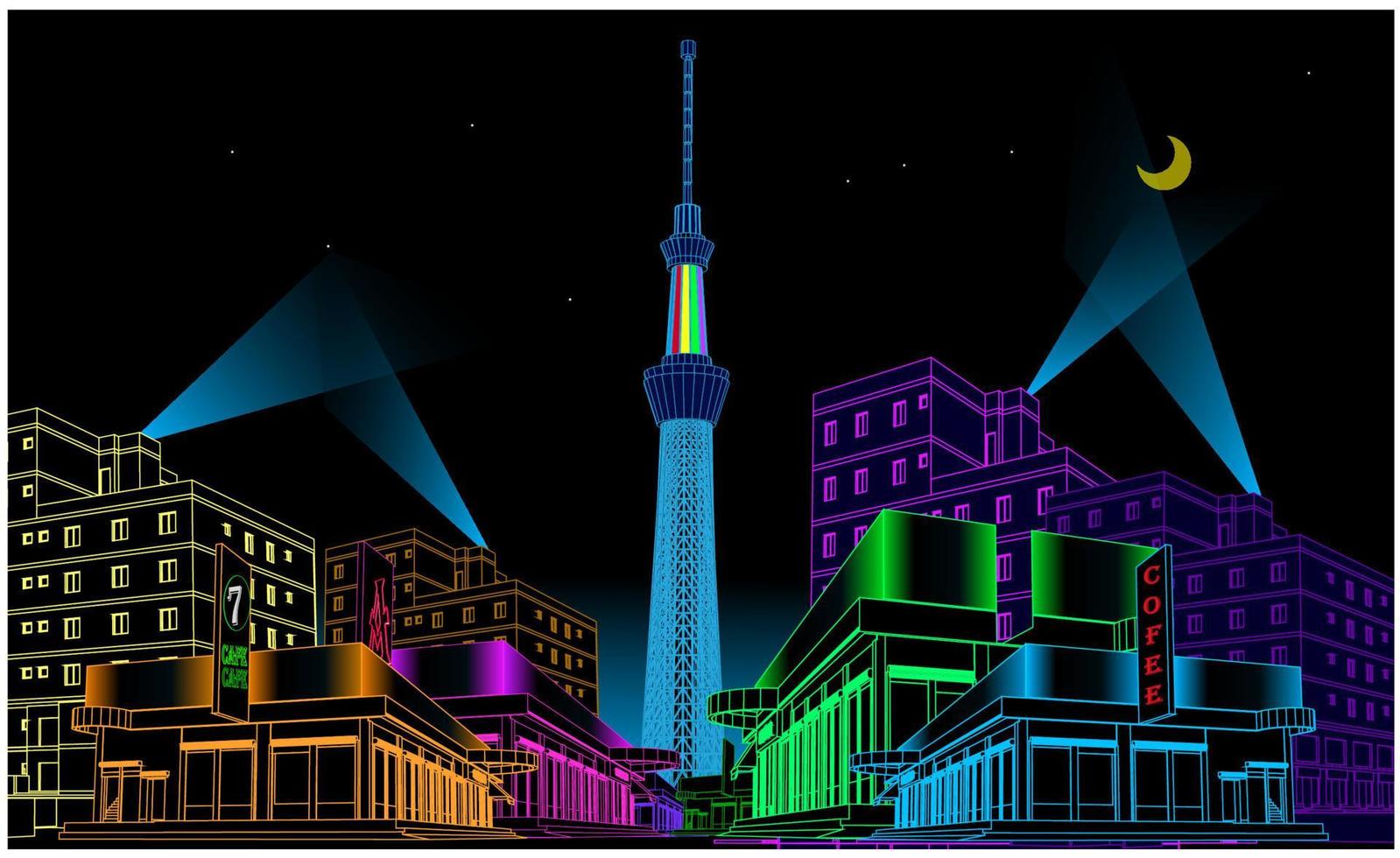 Silhouette panorama view of Fukuoka city skyline with world famous landmarks of Japan. Vector illustration.