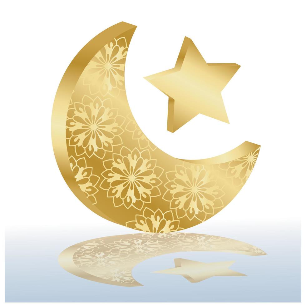 ramadan kareem concepto banner 3d marco dorado ventana árabe sobre fondo hermoso hermoso patrón árabe ilustración vectorial colgando luna creciente dorada y estrellas cortadas en papel en las nubes para texto vector