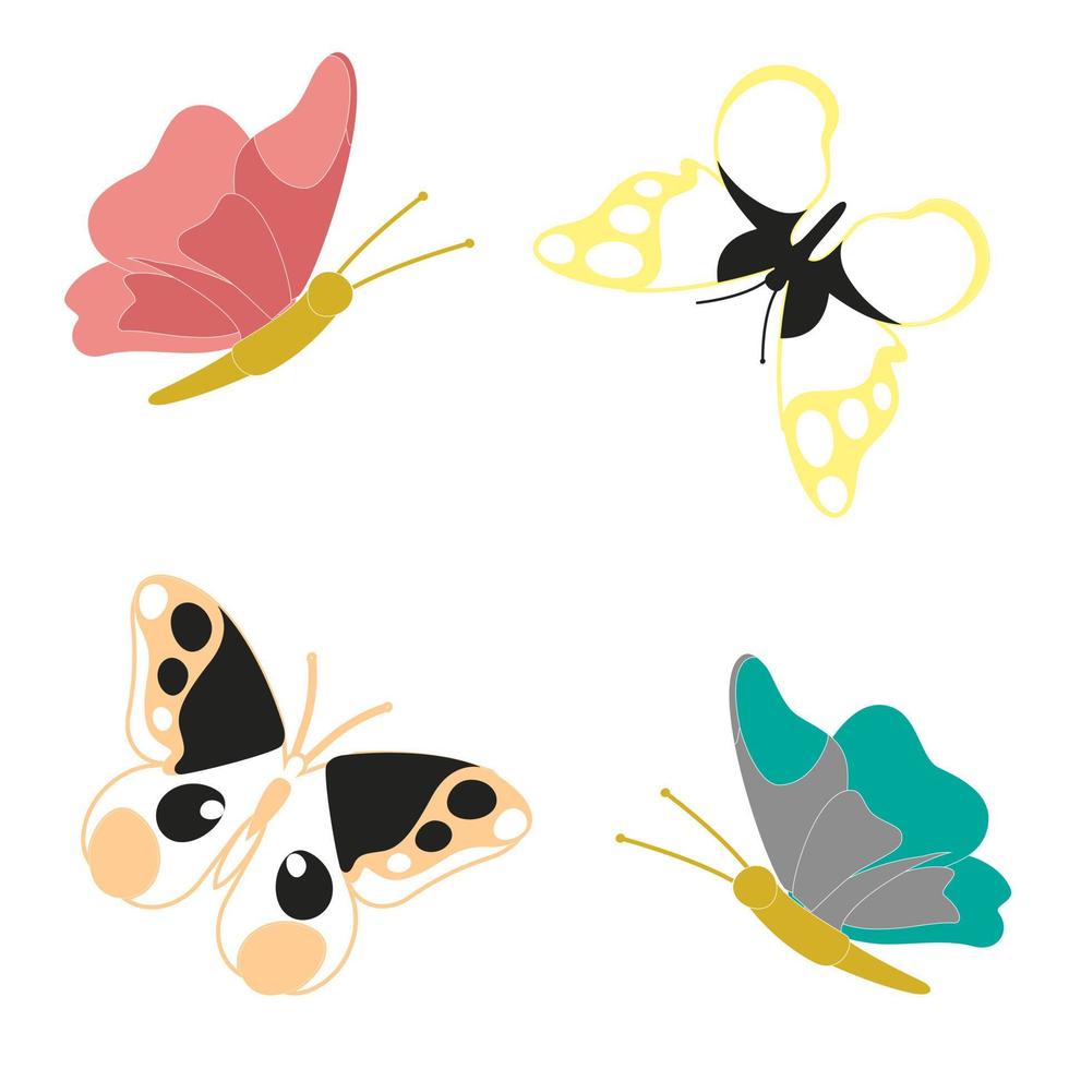 conjunto de mariposas de diferentes colores y formas aisladas sobre fondo blanco. hermosos insectos voladores. ilustración vectorial en estilo plano de dibujos animados. vector