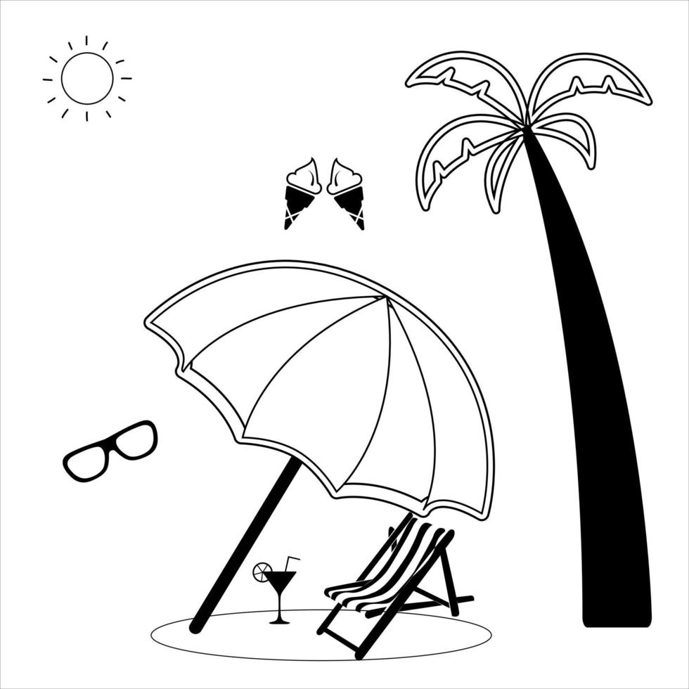 los iconos de línea de viajes, vacaciones, verano y turismo establecen ilustración vectorial. playa, mar, pasaporte, arena, viaje, cometa, paraguas, verano, vibraciones, sol, 10, domingo. píxel perfecto. trazo editable. vector