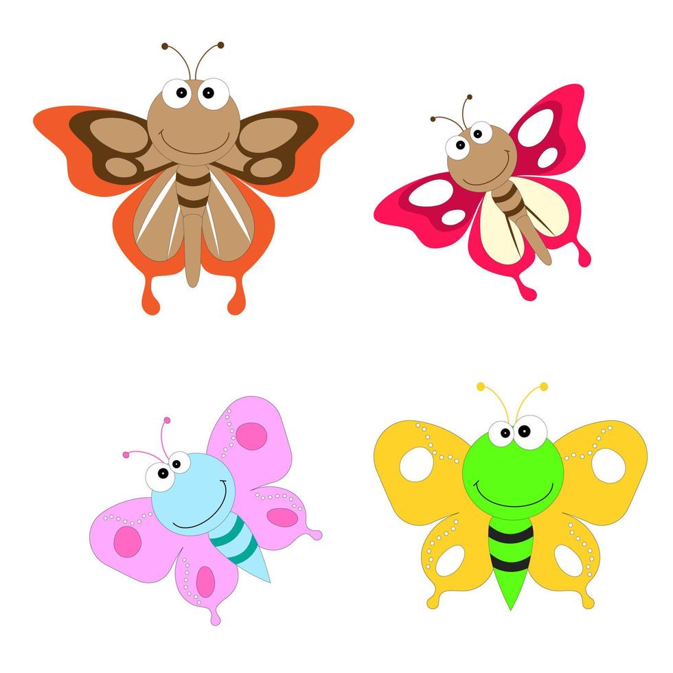 ilustración de mariposa de dibujos animados. lindo personaje sonriente para el diseño infantil. ilustración vectorial plana aislada en un fondo blanco. vector