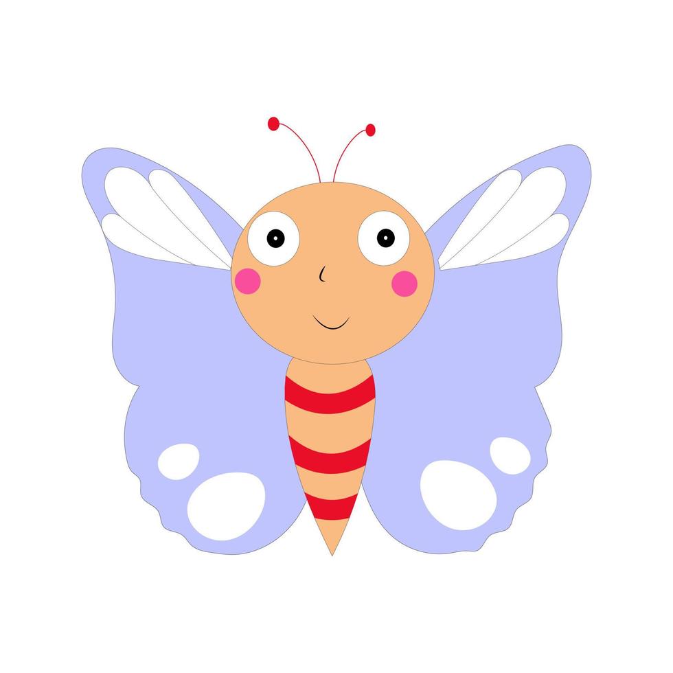 Cartoon butterfly illustration. Cute smiling character for childish design. Flat vector illustration isolated on a white background.