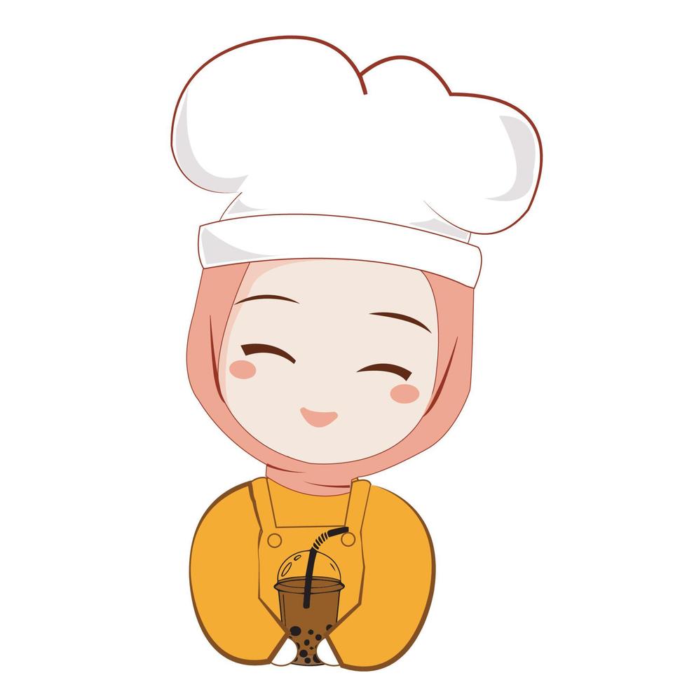 Set halal homemade logo template elements with muslim cute woman chef with hijab holding dessert box, bakery, cake, kitchen tools and saying thank you for your order illustration vector